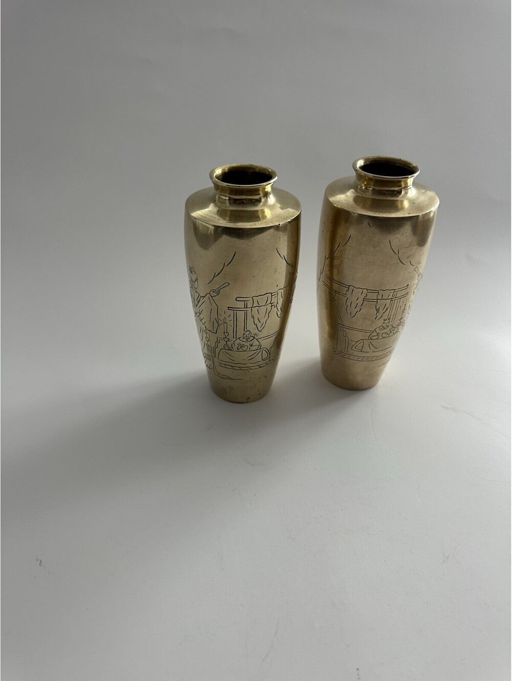 Vintage Chinese Brass Vase Set Of 2 Left Facing And Right Facing